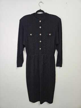 Vintage St. John Santana Knit Black Midi Dress Sz L Gold Logo Buttons Pull-On